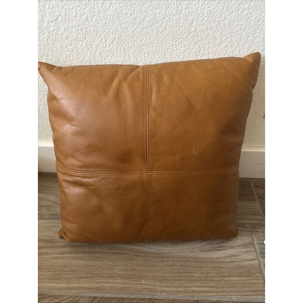 Vintage 1970s MCM Handmade Lion Needlepoint Pillow w/ Leather 15